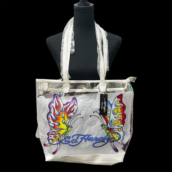 NWT Ed Hardy Butterfly Graphic Clear PVC Tote Bag Y2K 90s Edgy Streetwear - Picture 1 of 10